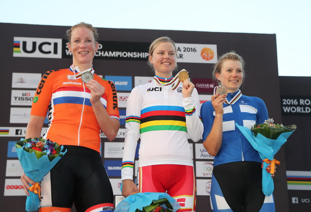 (From L to R) The Netherlands' silver medallist Kirsten Wild, Denmark's gold medallist Amalie Dideriksen and Finland's bronze medallist Lotta Lepisto stand on the podium at the end of the women's elite road race event as part of the 2016 UCI Road World Championships on October 15, 2016, in the Qatari capital Doha. / AFP PHOTO / KARIM JAAFAR